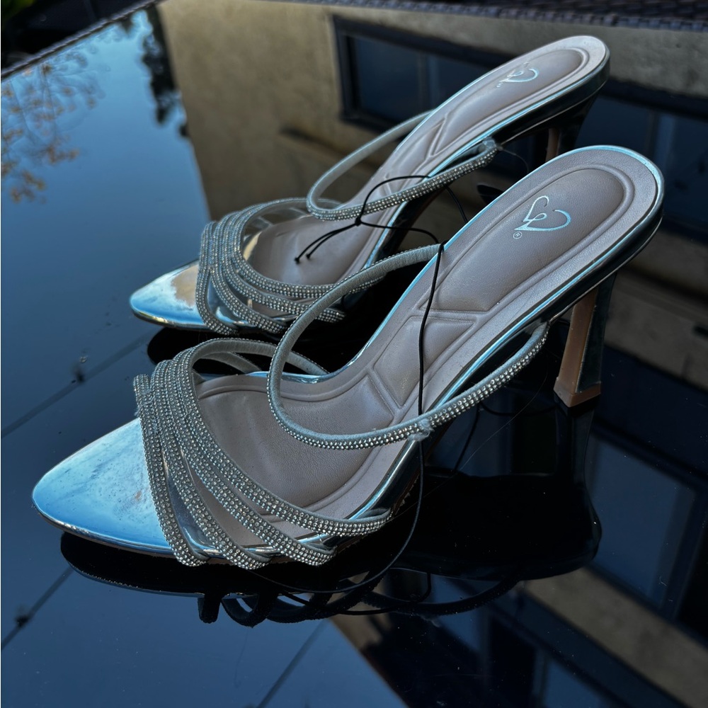 Windsor Luxe Silver Crystal Strappy Stilettos, Size 9 Plush Sole Comfort